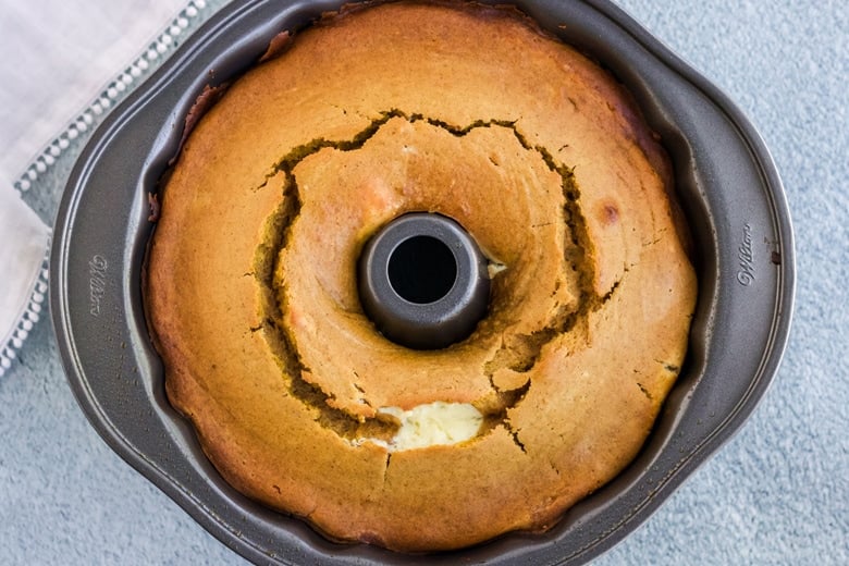 overhead of baked cream cheese pound cake 
