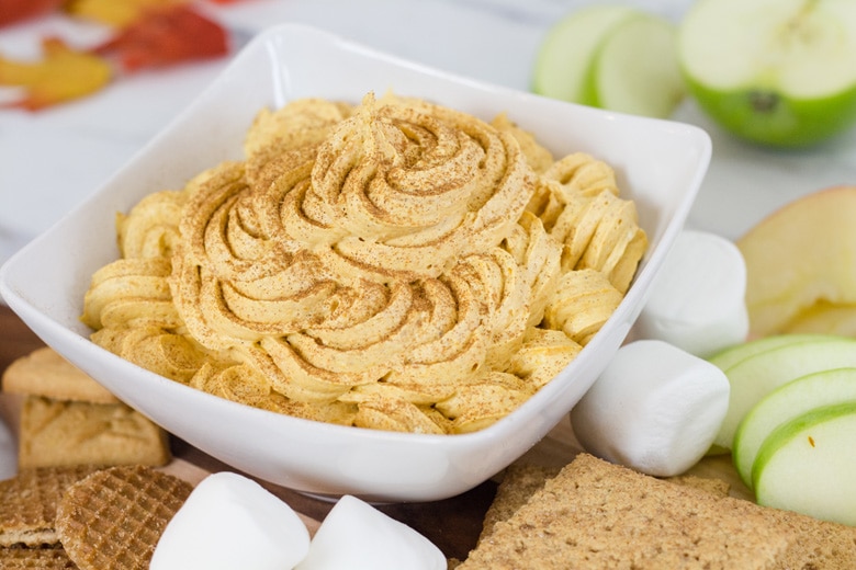 angle of pumpkin fluff dip in a serving bowl 