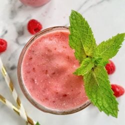 overhead shot of raspberry smoothie