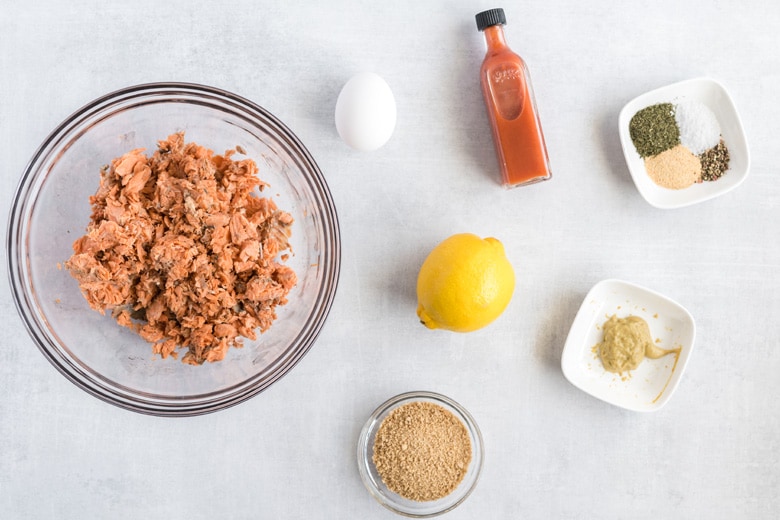 overhead shot of salmon burger ingredients