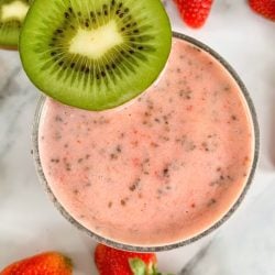 overhead shot of strawberry banana kiwi smoothie