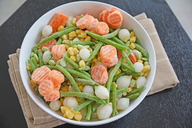 frozen vegetables in a white bowl  