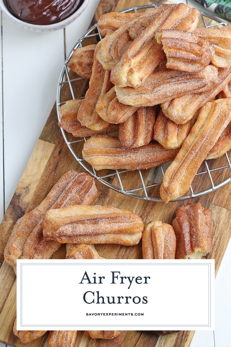 The perfect churro recipe, crunchy and tossed in cinnamon sugar, but made in the Air Fryer so no mess from frying! #airfryerdesserts #airfryerchurros #churrorecipes www.savoryexperiments.com 