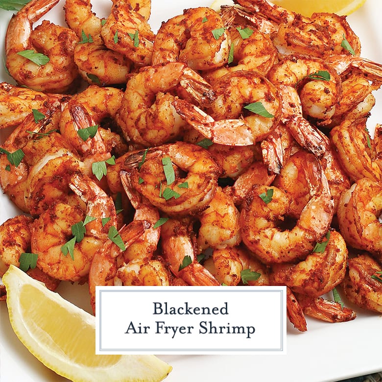 blackened air fryer shrimp on a white platter 