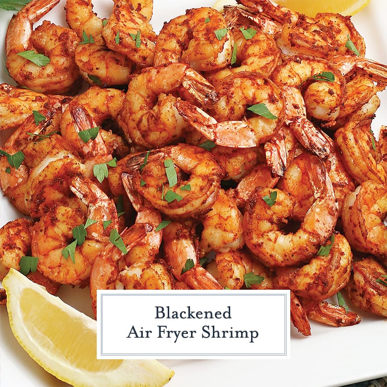 blackened air fryer shrimp on a white platter