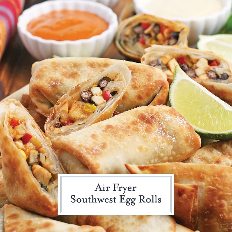 close up of southwest egg rolls with lime wedges