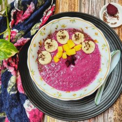 overhead shot of beetroot smoothie bowl