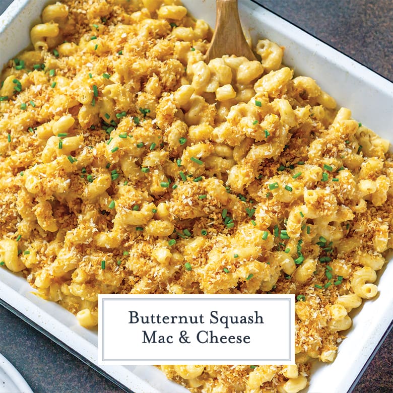 overhead of butternut squash mac and cheese with crispy topping 