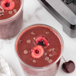 angled shot of chocolate cherry smoothie