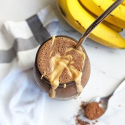 angled shot of peanut butter chocolate smoothie