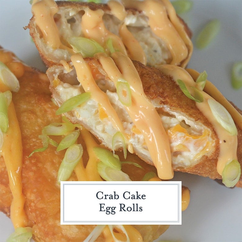 close up of crab cake egg rolls cut in half with text overlay for facebook