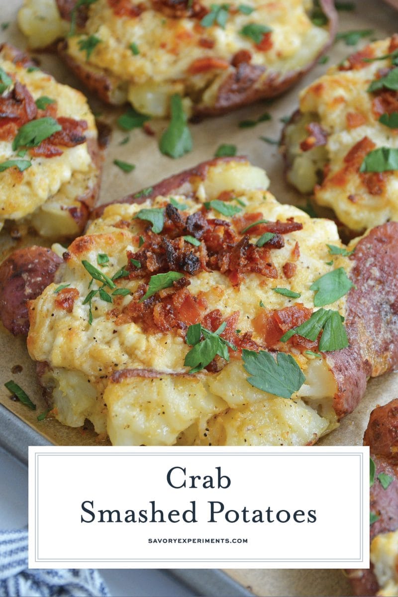 close up of crispy smashed potatoes with crab topping 