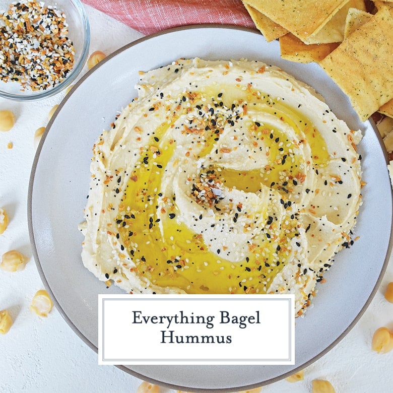 overhead of hummus with olive oil and everything bagel seasoning 