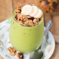 angled shot of green protein smoothie