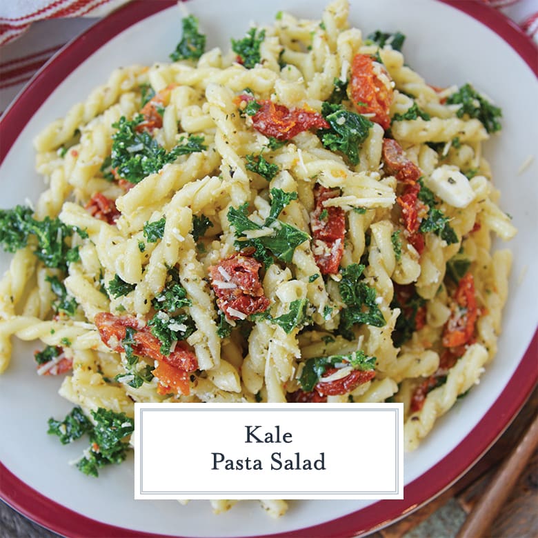 overhead of kale mac and cheese on a serving platter 