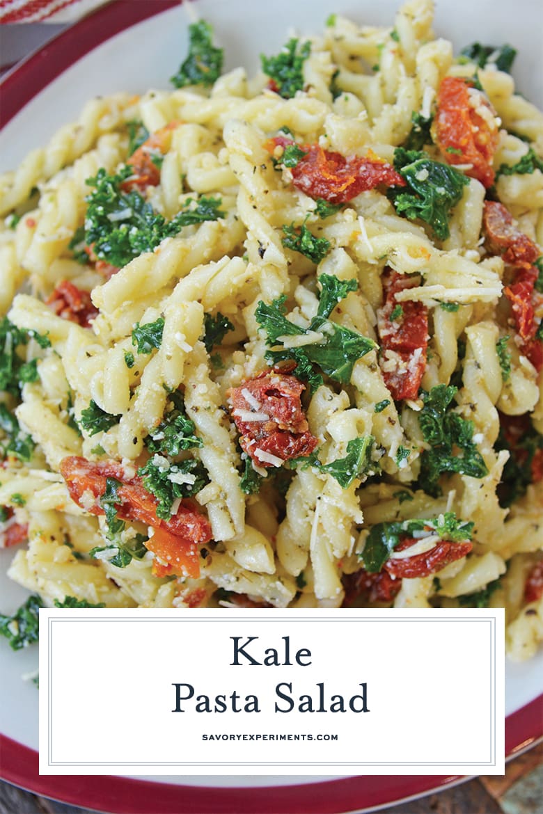 close up of kale pasta salad for pinterest  