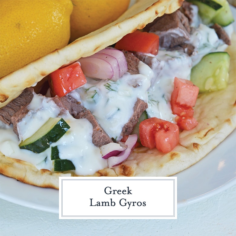 A recipe for Greek Lamb Gyros, served in a warm pita with fresh chopped veggies and garlicky tzatziki sauce. #gyros #legoflamb #lambgyros www.savoryexperiments.com