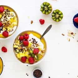 overhead shot of mango smoothie bowls