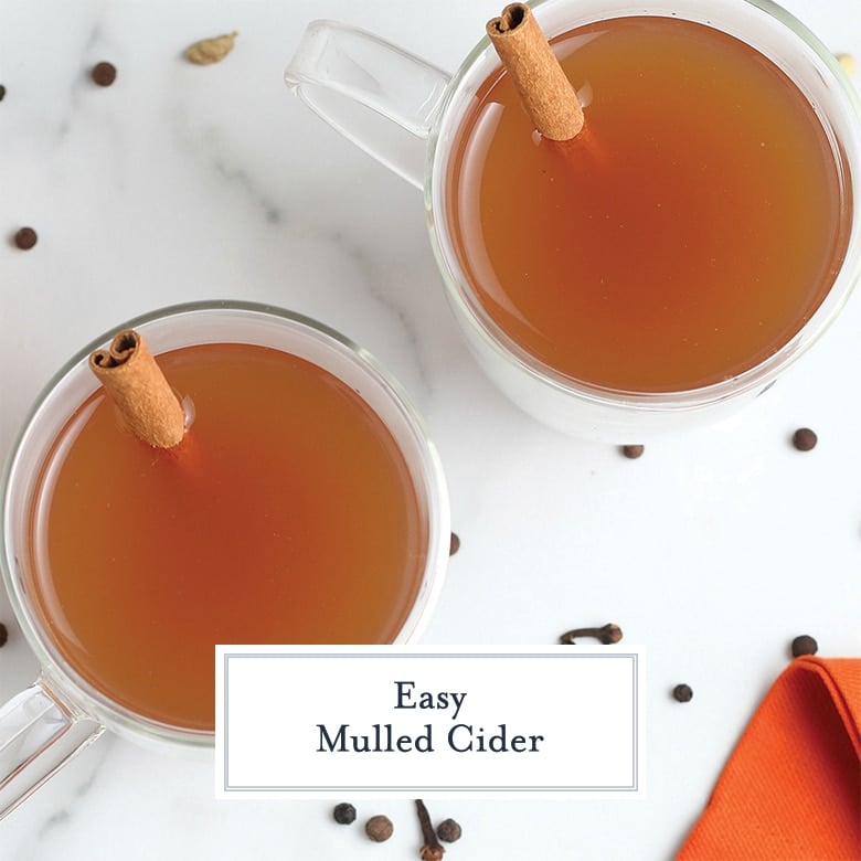 overhead of mulled cider with cinnamon sticks 