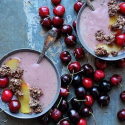 overhead shot of cherry smoothie bowls