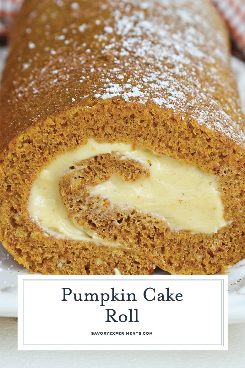 close up straight on shot of pumpkin cake roll with text overlay for pinterest