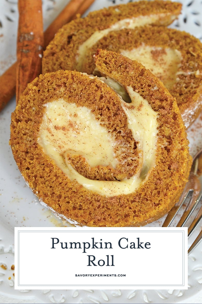 close up of pumpkin swiss cake roll with cream cheese frosting 