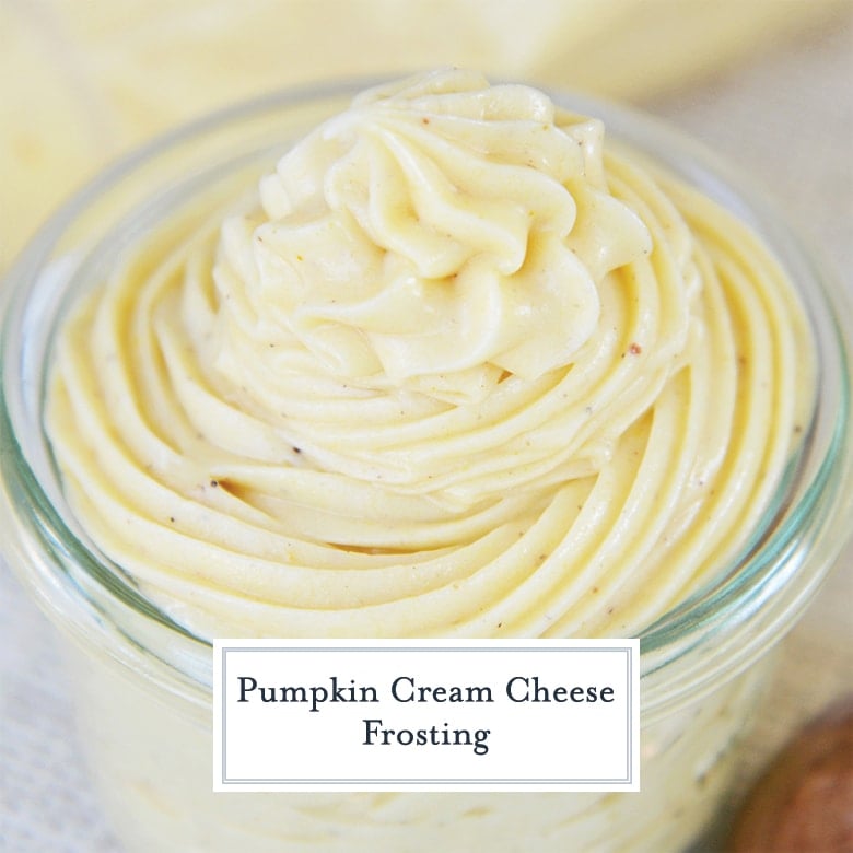 pumpkin cream cheese frosting swirled into a glass jar 