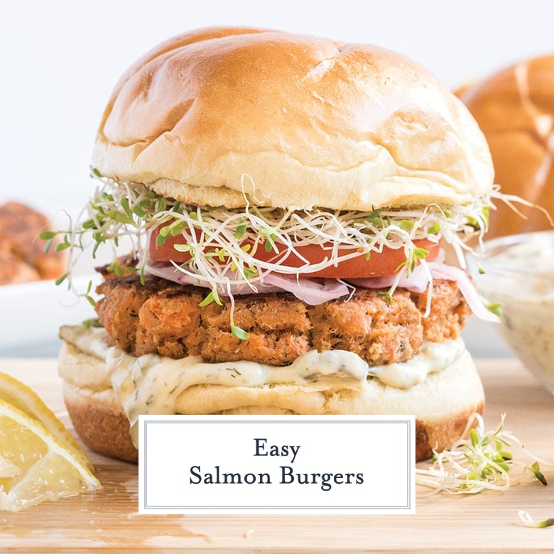 straight on close up shot of salmon burger with text overlay for facebook