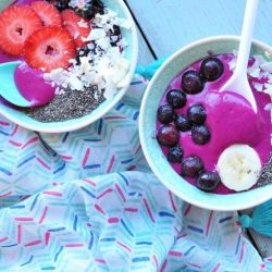 overhead shot of dragonfruit smoothie bowls