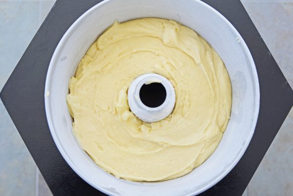 cake batter in a tube pan