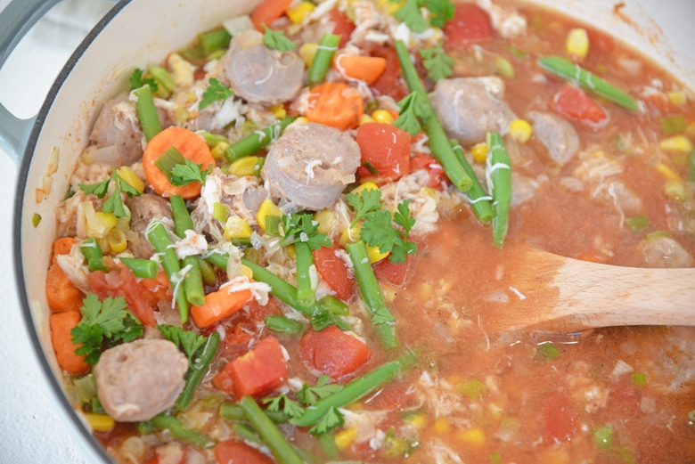 angle view of crab and sausage soup 