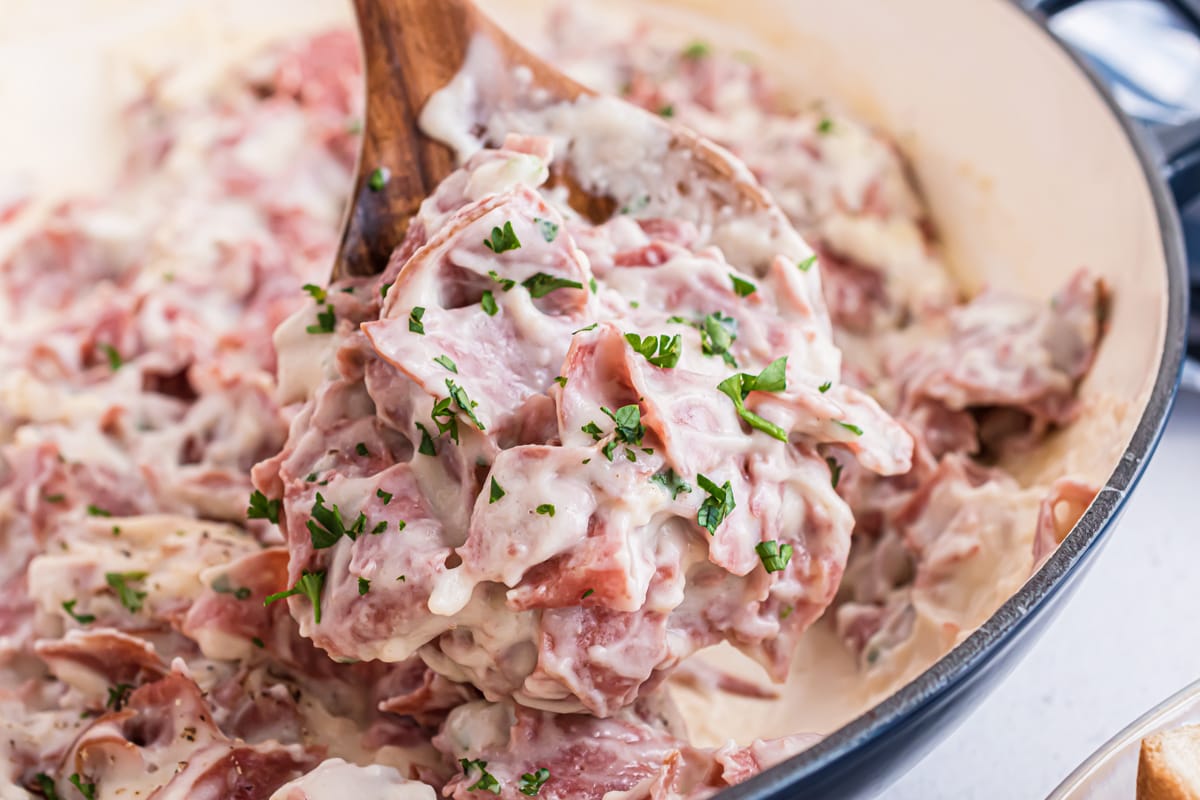 wood spoon with creamed chipped beef 