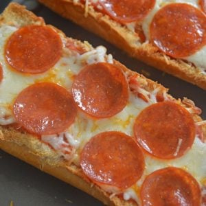 close up of pepperoni french bread pizza