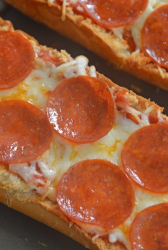 close up of pepperoni french bread pizza