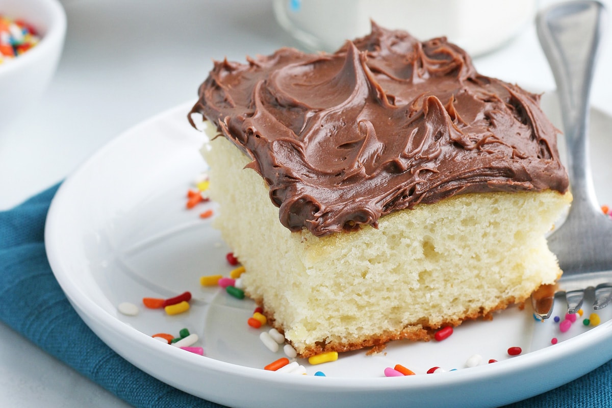 slice of chocolate cake on a white plate 