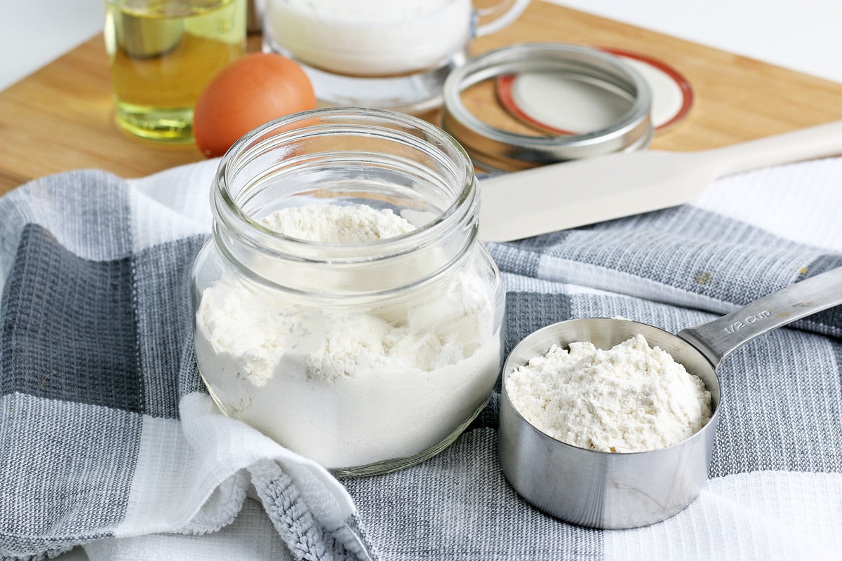 pancake mix in a jar and measuring cup 