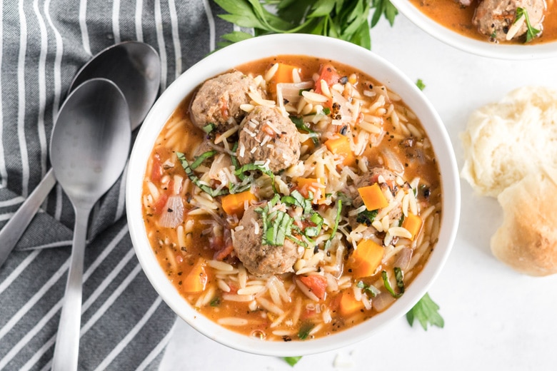 best italian meatball soup in a white bowl