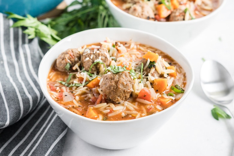 white bowl of Italian meatball soup 