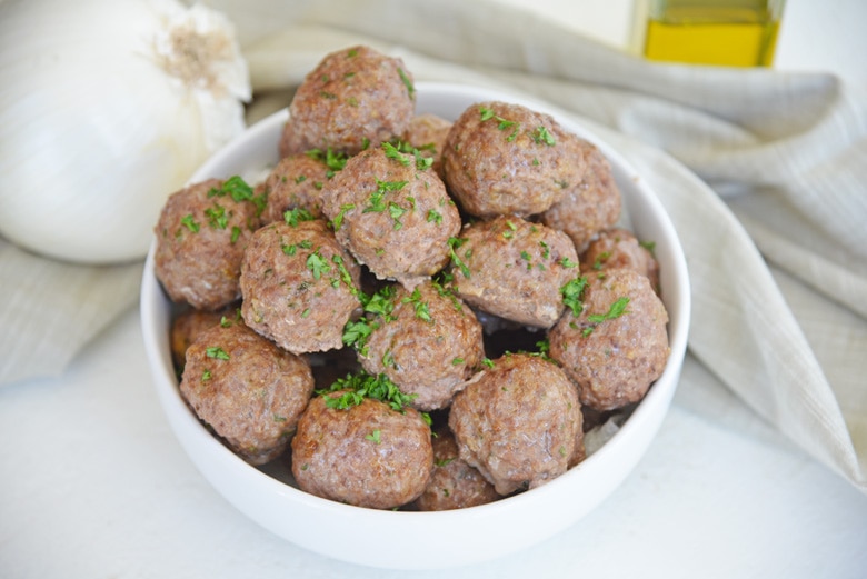 white bowl of lamb meatballs 