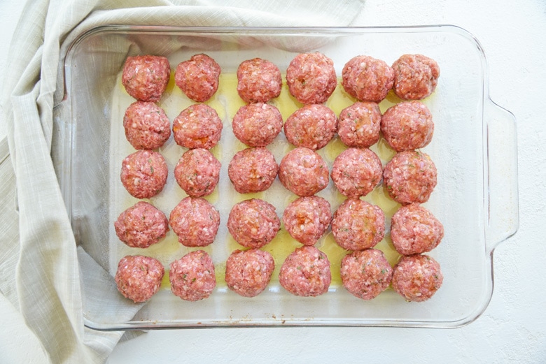 lamb meatballs in a glass dish 