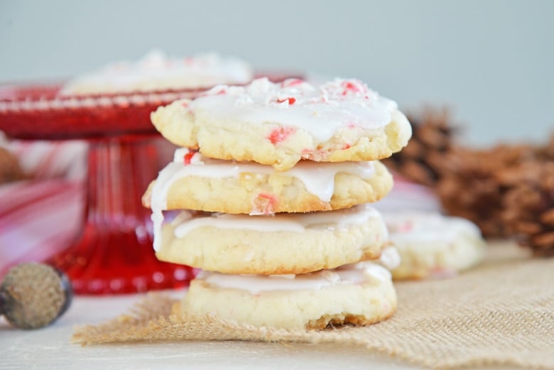 angle stack of peppermint cake mix cookies 