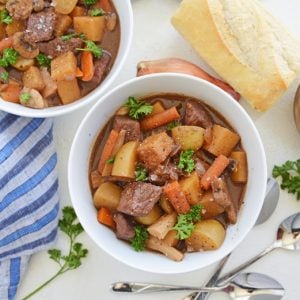 overhead of beef stew in bowls