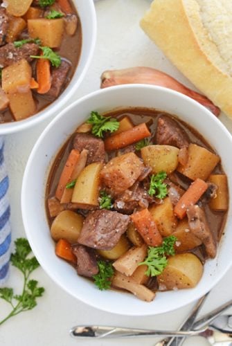 overhead of beef stew in bowls