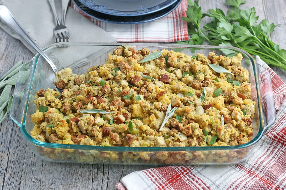 overhead view of cornbread stuffing in a baking dish 