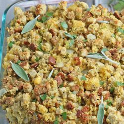 angle view of southern cornbread dressing in a baking dish