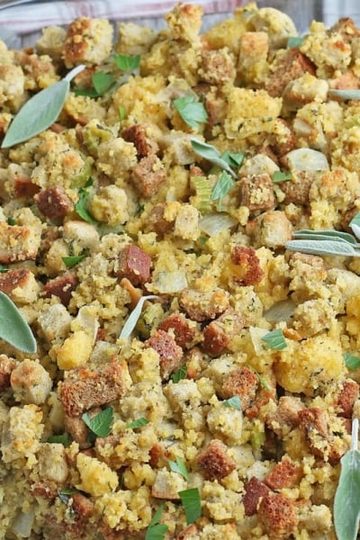 angle view of southern cornbread dressing in a baking dish
