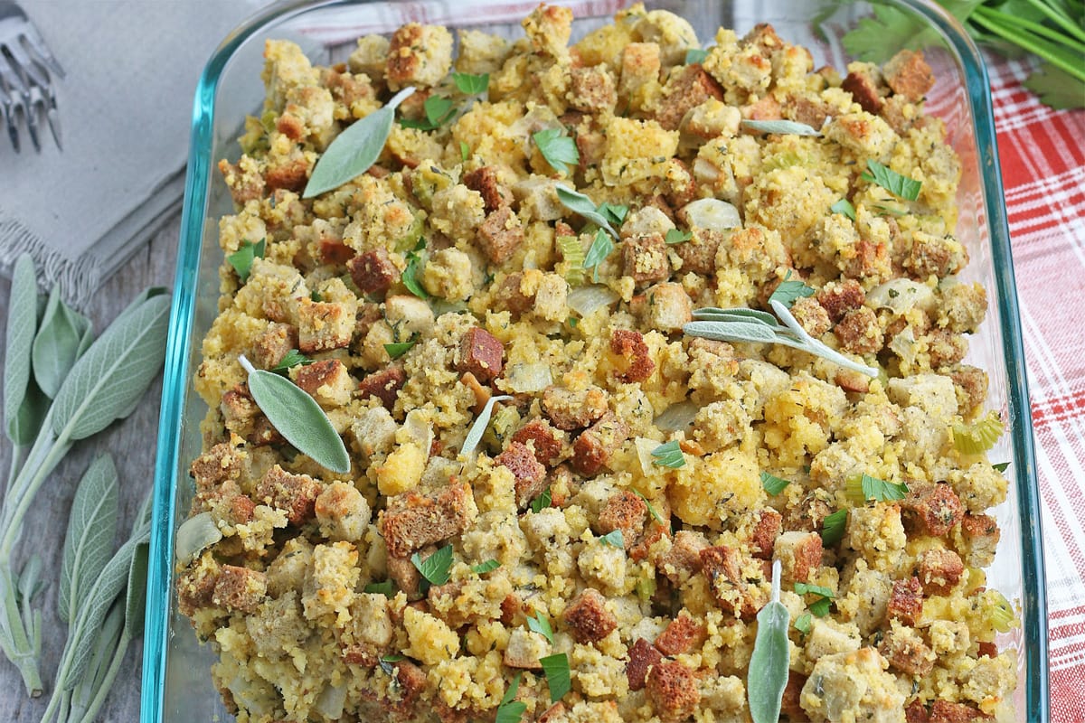 close up of cornbread stuffing with fresh sage 