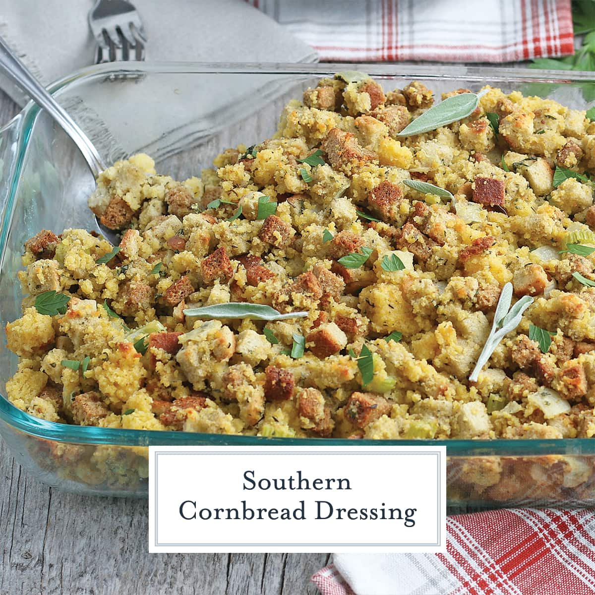 southern cornbread dressing in a 9x13 baking dish