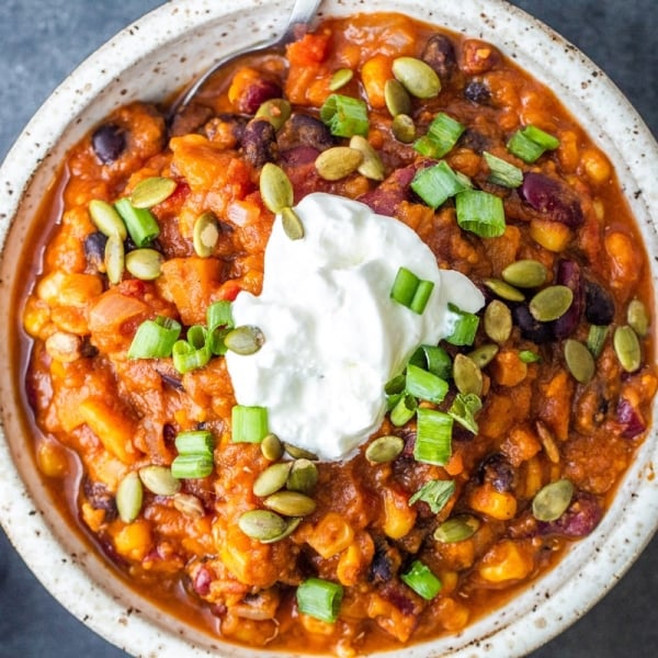 best vegetarian sweet potato chili in a bowl