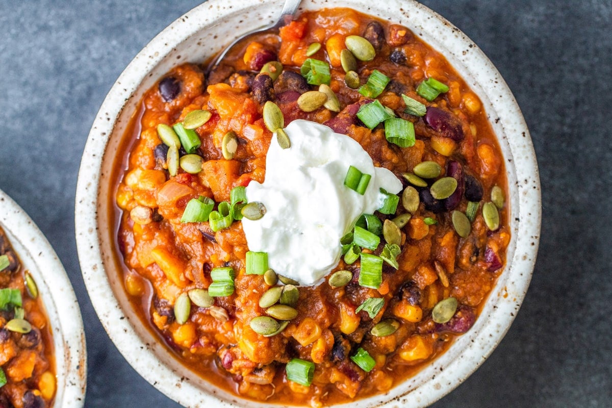 best vegetarian sweet potato chili in a bowl